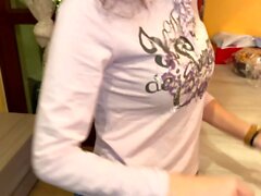 Cute girlfriend seduced by her boyfriend while cleaning