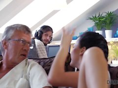 Old grandpa gets to fuck a hot brunette teen babe