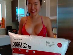 Horny amateur masked Asian teen toying on webcam show