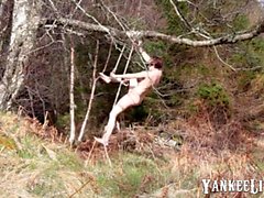 Naked self-bondage in the woods gone wrong.