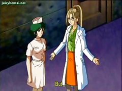 Anime lesbian nurses are rubbing and licking their big boobs