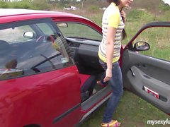 Cute teen Nataly take cock outdoors