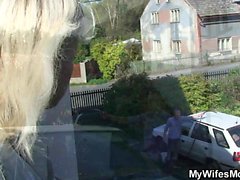 Doggy-fucking old blonde mother inlaw outdoor