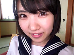 Horny Japanese teen in school uniform sucks cock