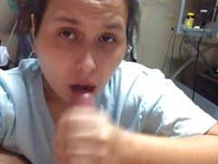 cute girl gives innocent blowjob sucking the cum out