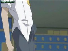 Cute anime babe with big tits gets a couple of cocks to suck on