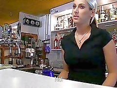 Barmaid Lenka railed in the bar for cash