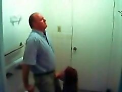 Old fart sucked off by a teen in the washroom on hidden cam