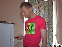 Russian lad wanks while his girlfriend gets cock spanked