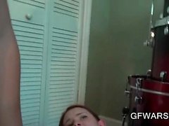 Gorgeous GFs suck and fuck dick in POV 3some